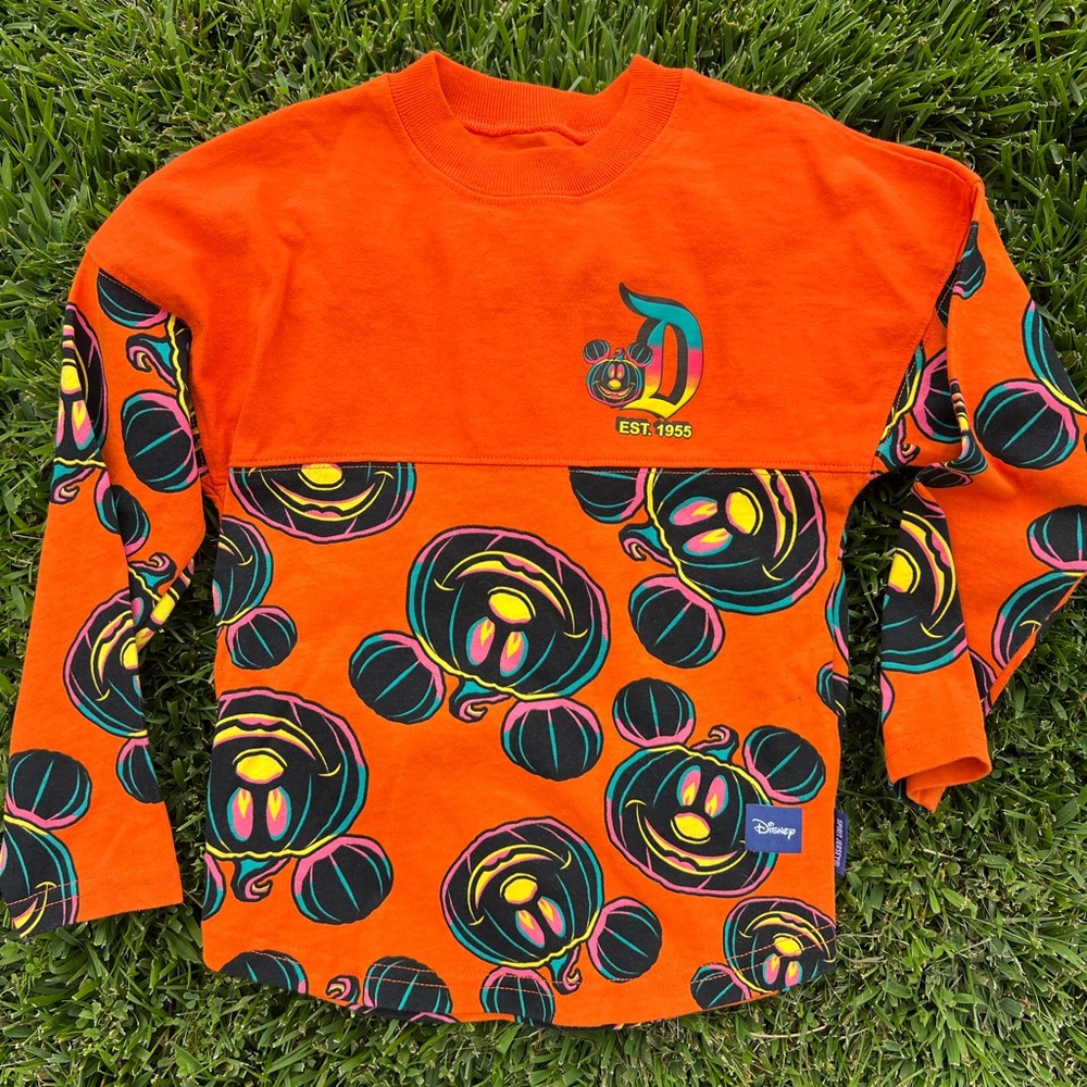 Disney Halloween Spirit Jersey - Orange Long Sleeve Tee with Mickey Pattern